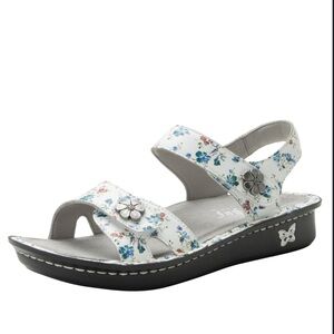 Alegria White Floral Slingback Sandals with Blue and Pink Accents